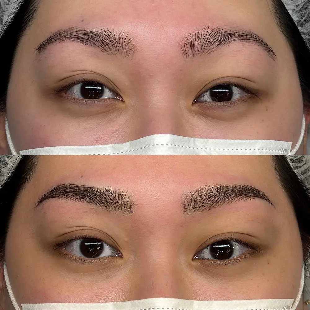 A masked Brow Space client: top half before, bottom half right after Nano Brows