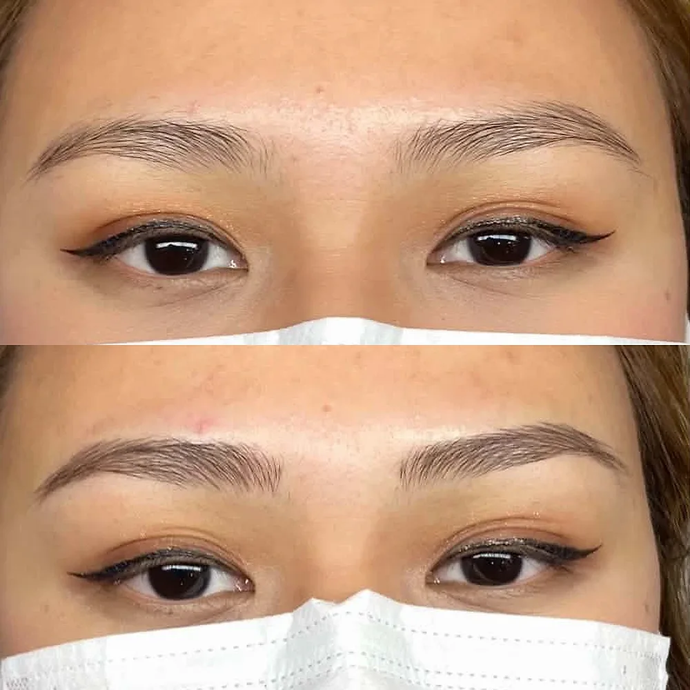 Microblading on a masked Brow Space client in Palo, Leyte: top half before, bottom half after